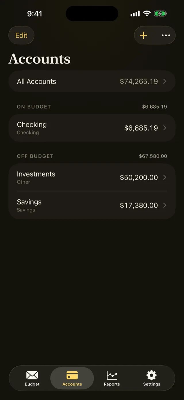 The Accounts tab showing several accounts with their balances.