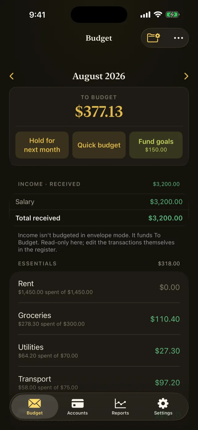 The Budget tab, with To Budget in the header and category rows below it.