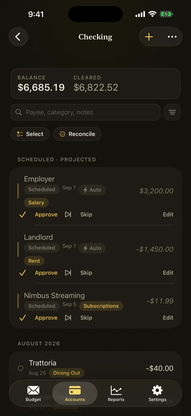 An account register listing transactions with a running balance.