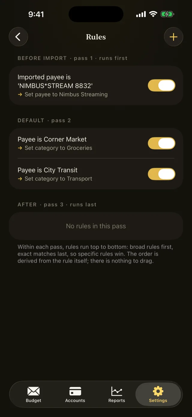 The Rules list in Settings.